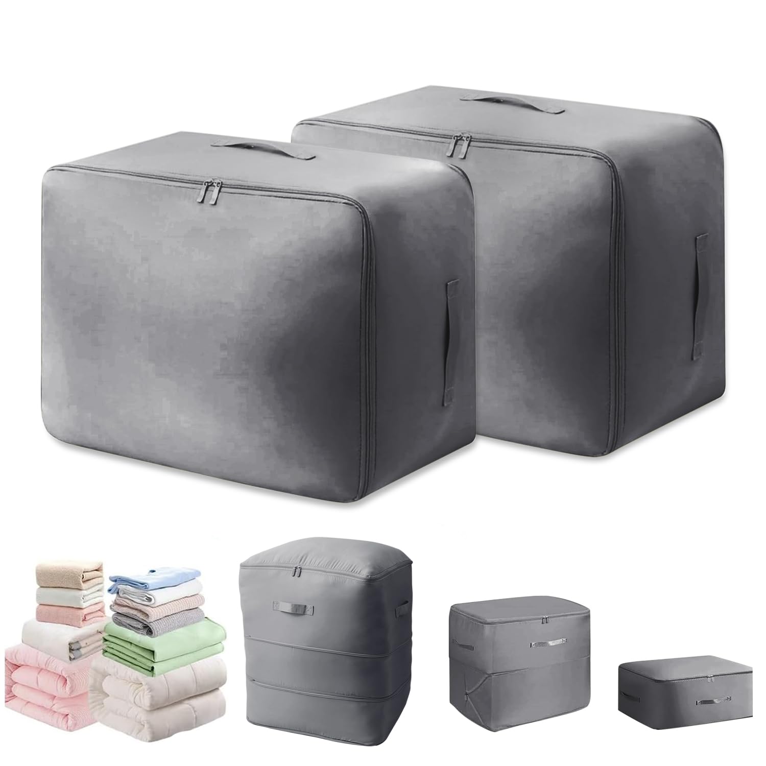 HOKIPO Ultra Space Saving Self Compression Organizer 3-Layer Zipper Large Capacity Storage Bag, Waterproof Satin fabric Heavy Duty Bags for Comforters, Blankets (Pack of 2) - Grey (AR-6112-GRY*2)-picture-10