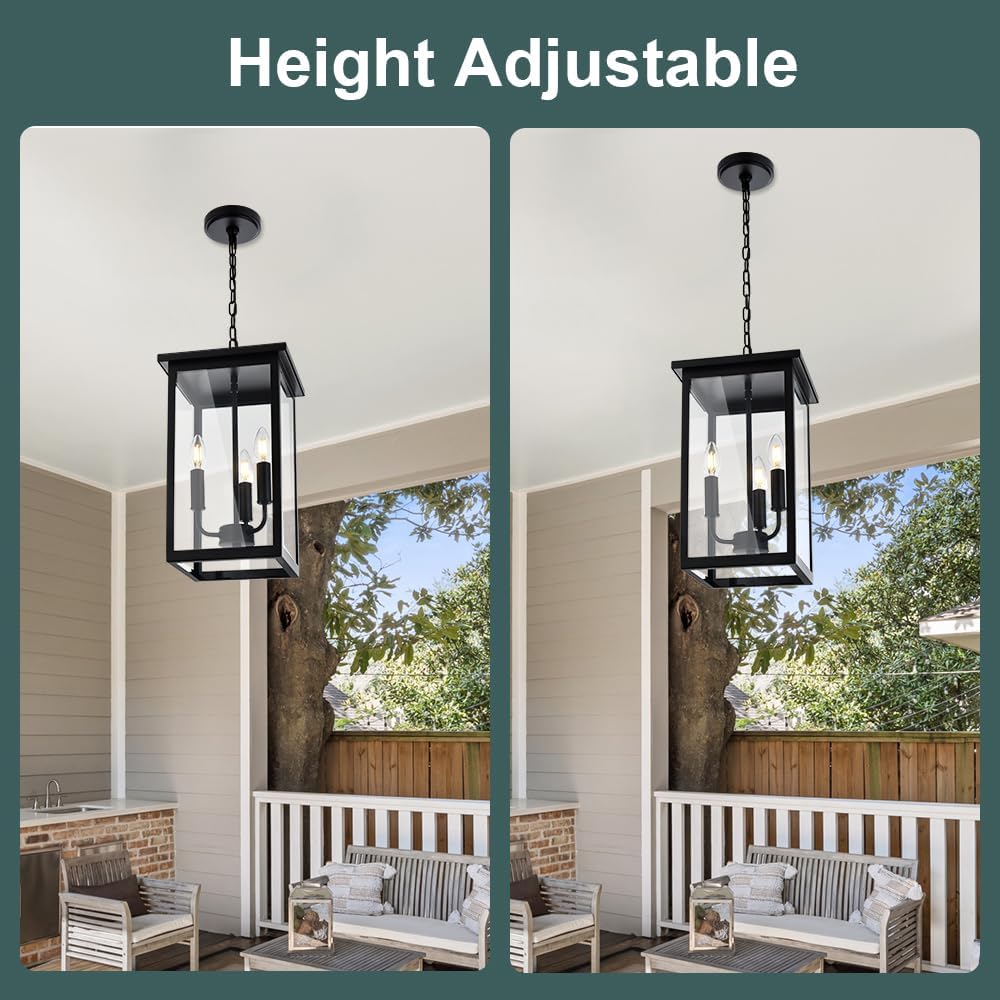 3 Lights Indoor Pendant Light Black Outdoor Chandelier Exterior Hanging Fixture Ceiling Mount with Clear Glass Shade Hanging Lantern Light Adjustable Pendant Light for Outdoor Hallway