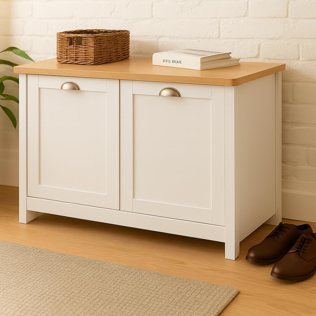 Home Treats White & Pine 2 Door Cabinet | Modern Wooden Storage Cupboard with Natural Pine Top, Stylish Smooth Finish for Living Room or Hallway (White, 2 Door Cabinet)