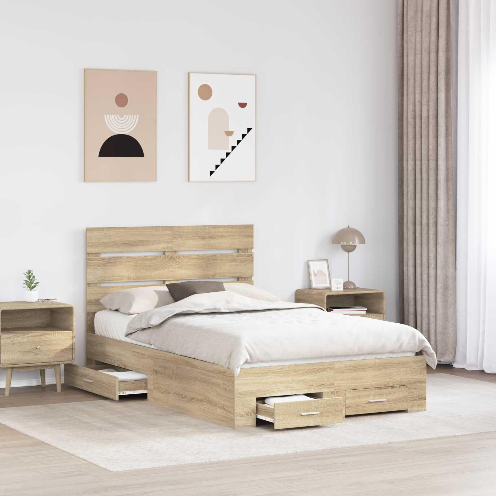 Telaio letto con testiera in rovere Sonoma 120 x 200 cm, in legno di legno, design moderno per camera da letto, cassetti inclusi, telaio durevole