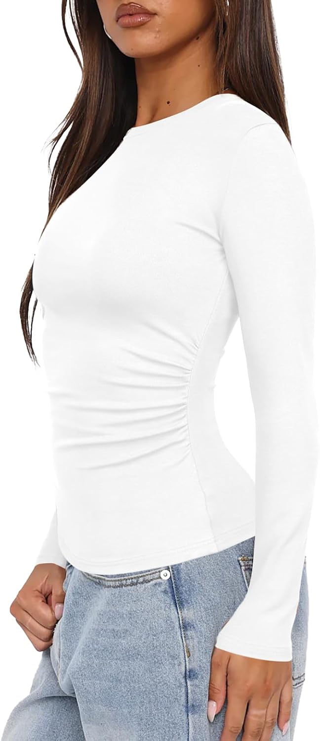 Darong Women's Long Sleeve Crew Neck Shirts Fall Basic Casual Ruched Side Slim Fit T Shirts Tee Tops - Image 3