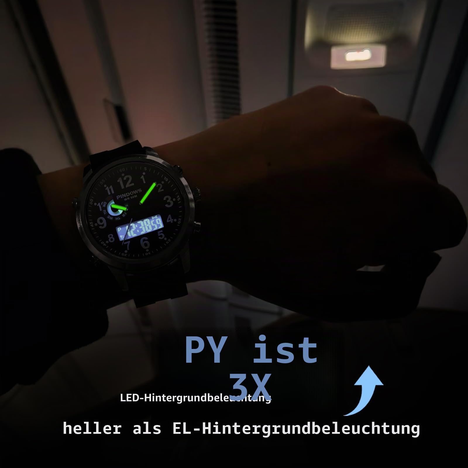 PINDOWS Herrenuhren, bis 30 m wasserdicht, militärische Digitale Analoguhr, Outdoor-Sportuhr, multifunktionale Lederarmbanduhr mit Dualzeit, LED-Hintergrundbeleuchtung, Alarm, Stoppuhr und Kalender