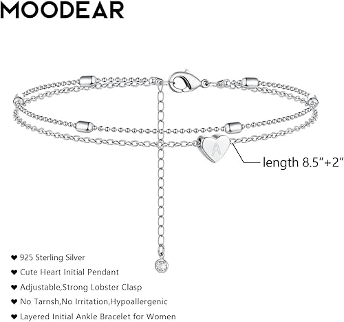 Miniatura 2 de Moodear Valentines Day Gifts for Her Silver Heart Initial A-Z Charm Ankle Bracelets for Women - Waterproof Layered Sterling Silver Anklets Dainty