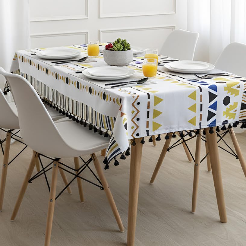 Image of HOMEMONDE Cotton Premium Dining Table Cover 101 X 152 CM Geometric Printed Table Cloth For 4 Seater With Tassels, Rectangular Centre Table Cover - Yellow Santo