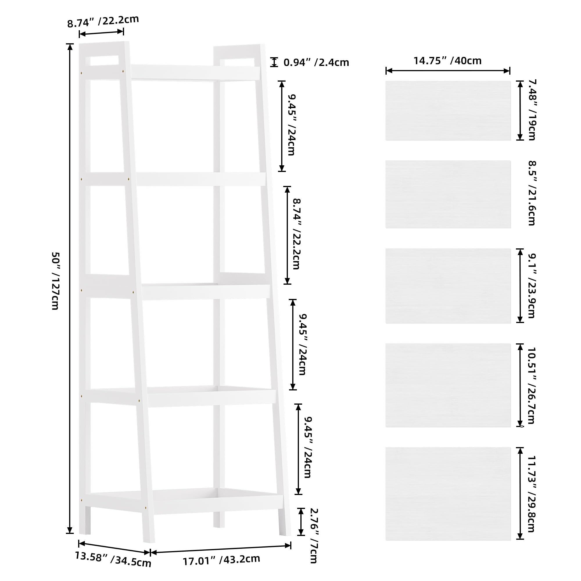 SMIBUY Estantería Escalera de Bambú,Organizador de estantes de baño, estantes Que ahorran Espacio para Dormitorio de 4 y 5 Capas (Blanco, 5 Niveles (127cm H))