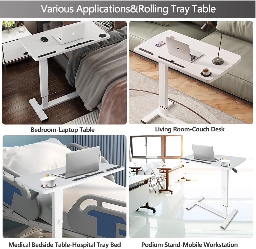 BeGyoku Overbed Table,Hospital Bed Table,Pneumatic Bedside Table Adjustable Over The Bed with Hidden Wheels&USB,Mobile Laptop Cart&Rolling Tray Table Hospital Home Use-White1