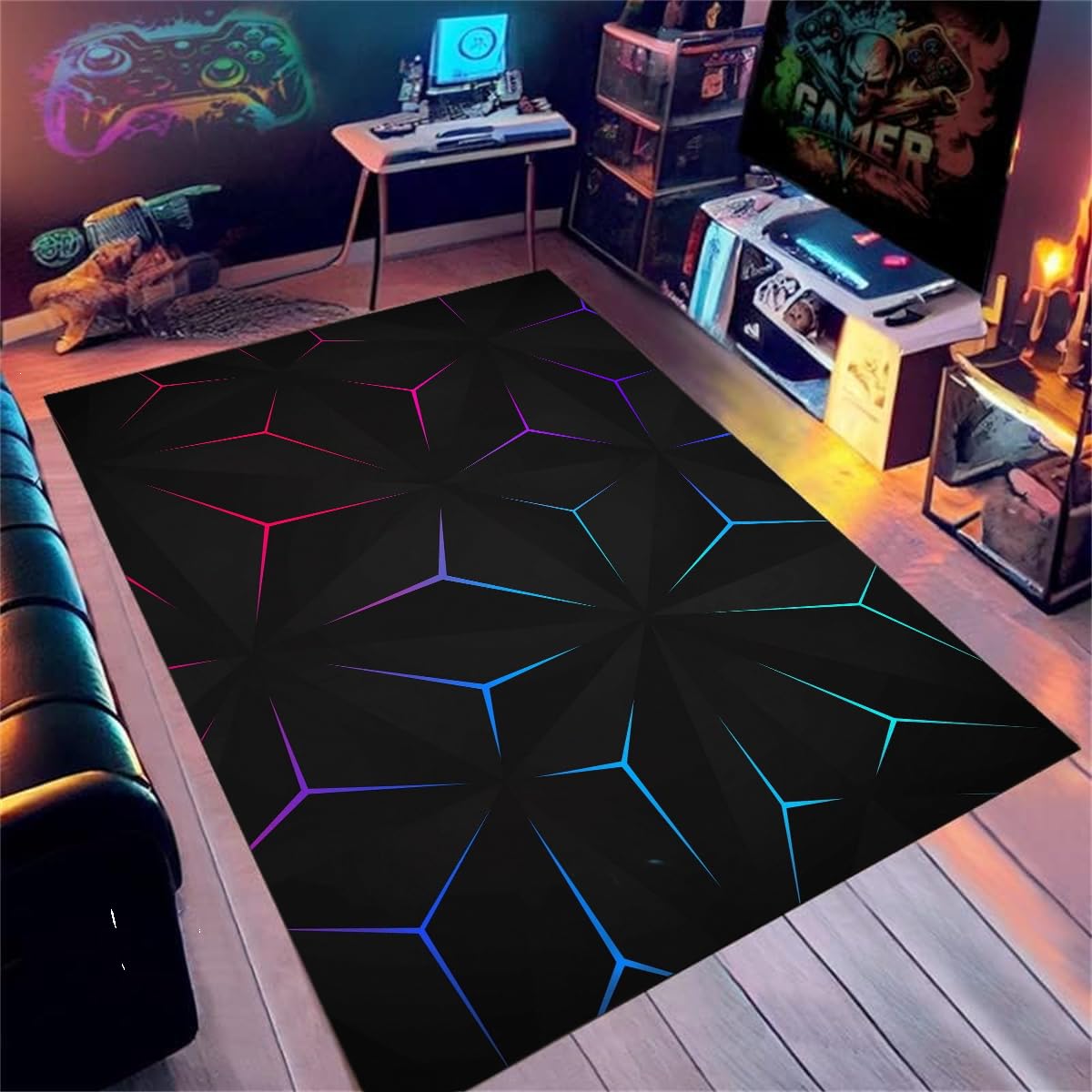 Tapis Ado Adulte Enfant Chambre Tapis Gamer Motif Néon Géométrique Coloré Sol Deco Flanelle Doux (Noir,160x230cm)