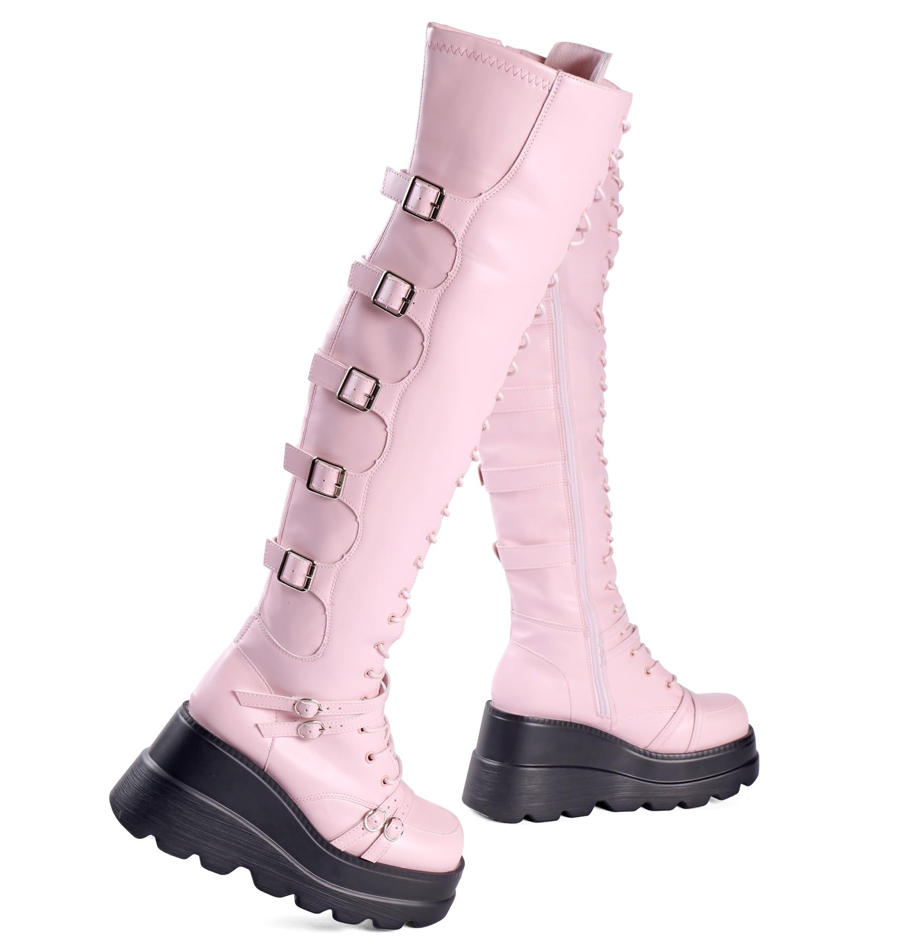 Gothniero Black Platform Boots Over Knee Thigh High Goth Boots for Women Chunky Heel Rave Motorcycle Boots with Buckles Side Zip Lace Boots Size5.5-10: 7 Light Pink