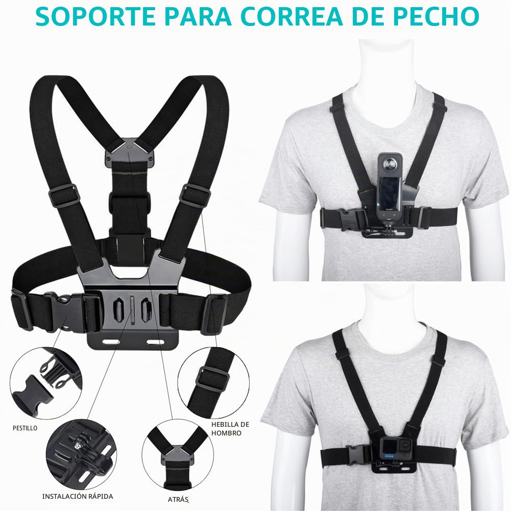10 en 1 Kit Accesorios Camara Deportiva para Insta360 X5/X4/X3/Ace Pro,Soporte movil Pecho,Correa para la Cabeza y muñeca,Mochila Clip y Soporte Flotante Compatible con GoPro Hero,Negro