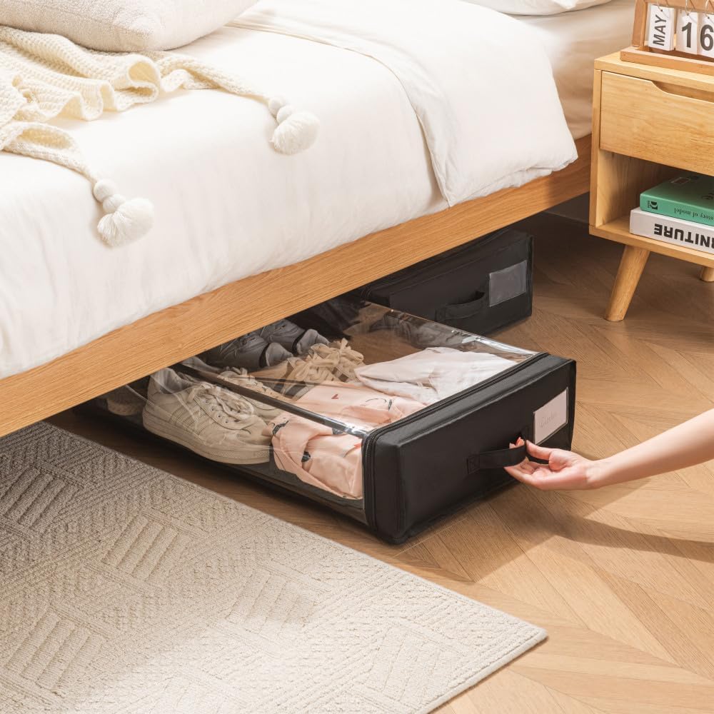 Under Bed Storage with Wheels, 2 Pack Under Bed Storage Containers with Dividers & Clear Lids,Very Suitable for Organizing and Storing Clothes Under the Bed