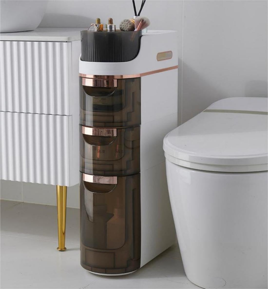 HOLMZCED 3 Tiers Bathroom Floor Cabinet with Wheels, Mobile Storage Cabinet with Large Capacity Floor Standing Narrow Storage Cabinet with Drawers for