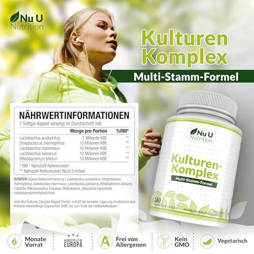 Kulturen Komplex Probiotika Darmsanierung - 180 Kapseln - 6 Monate Vorrat - Hochdosierte BacterienKulturen mit Lactobacillus Acidophilus & Bifidobacterium - Nu U Nutrition