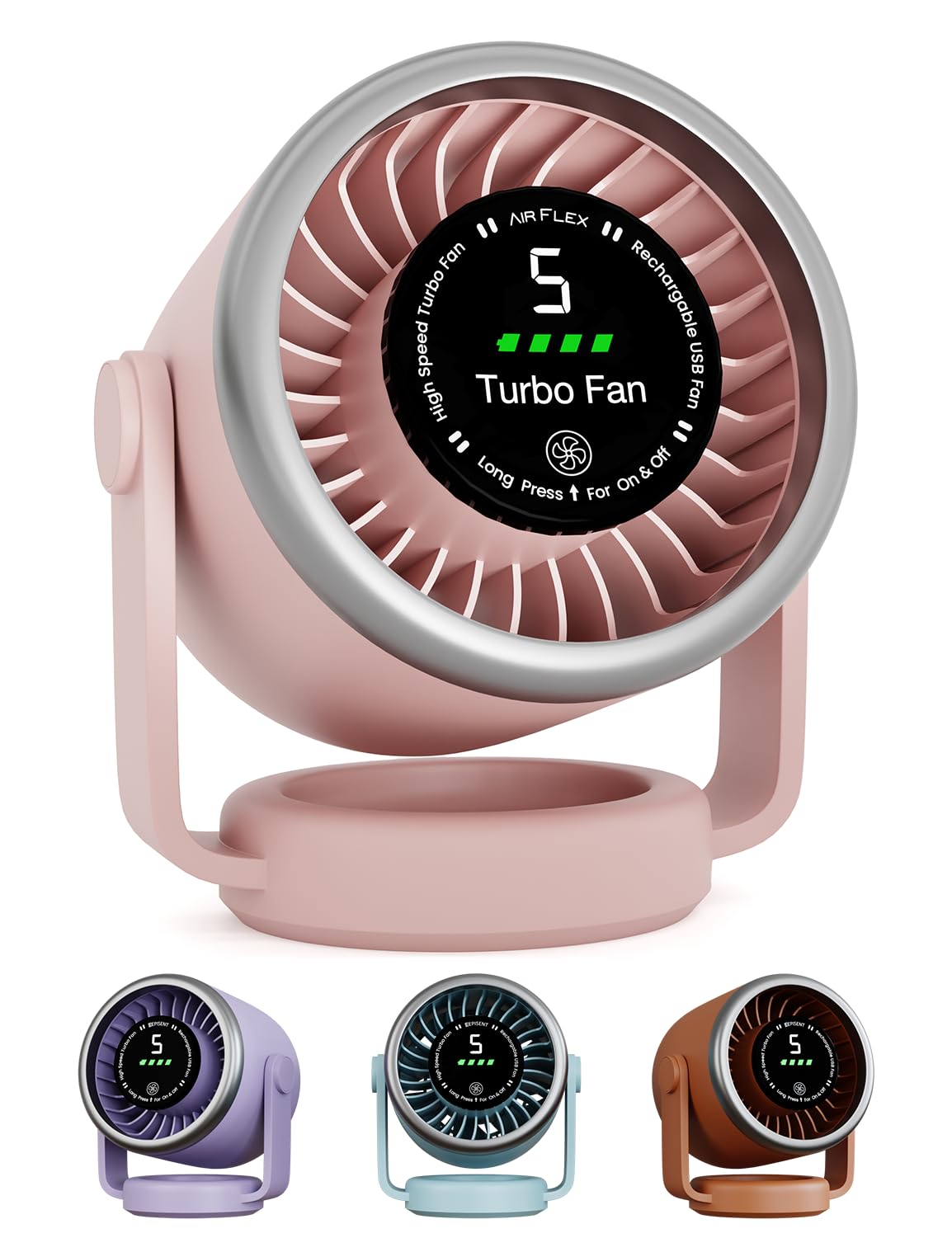 EPISENT Portable USB Desk Fan, 360° Adjustable Silent Bedroom Fan with Touch Control & Digital Display, Wall Mount Small Table Fan, 5 Speeds, Rechargeable Battery Up to 10 Hours (Pink)