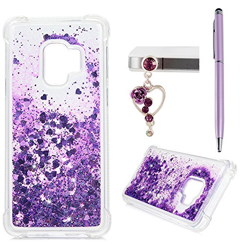 ZSTVIVA S9 Case, Samsung Galaxy S9 Case, Glitter Liquid Case Cover Bling Sparkle Shiny Quicksand Moving Flowing Love Heart 3D Anti-Scratch Slim Thin Soft TPU Bumper Galaxy S9 Case for Girls Purple