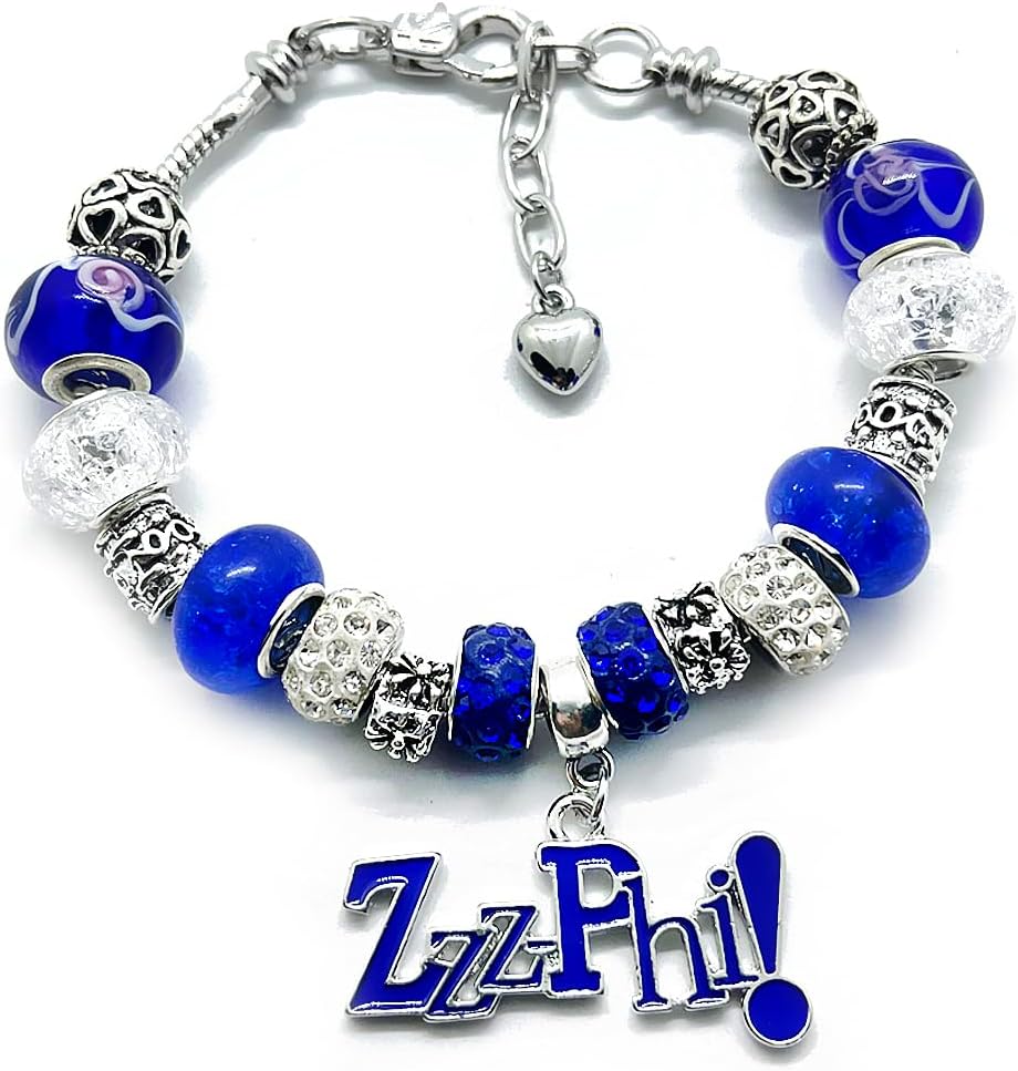 ZETA Sorority women Bracelet ZZZPHI Letter Charm Blue Big Hole Beads Snake Chain Bangle