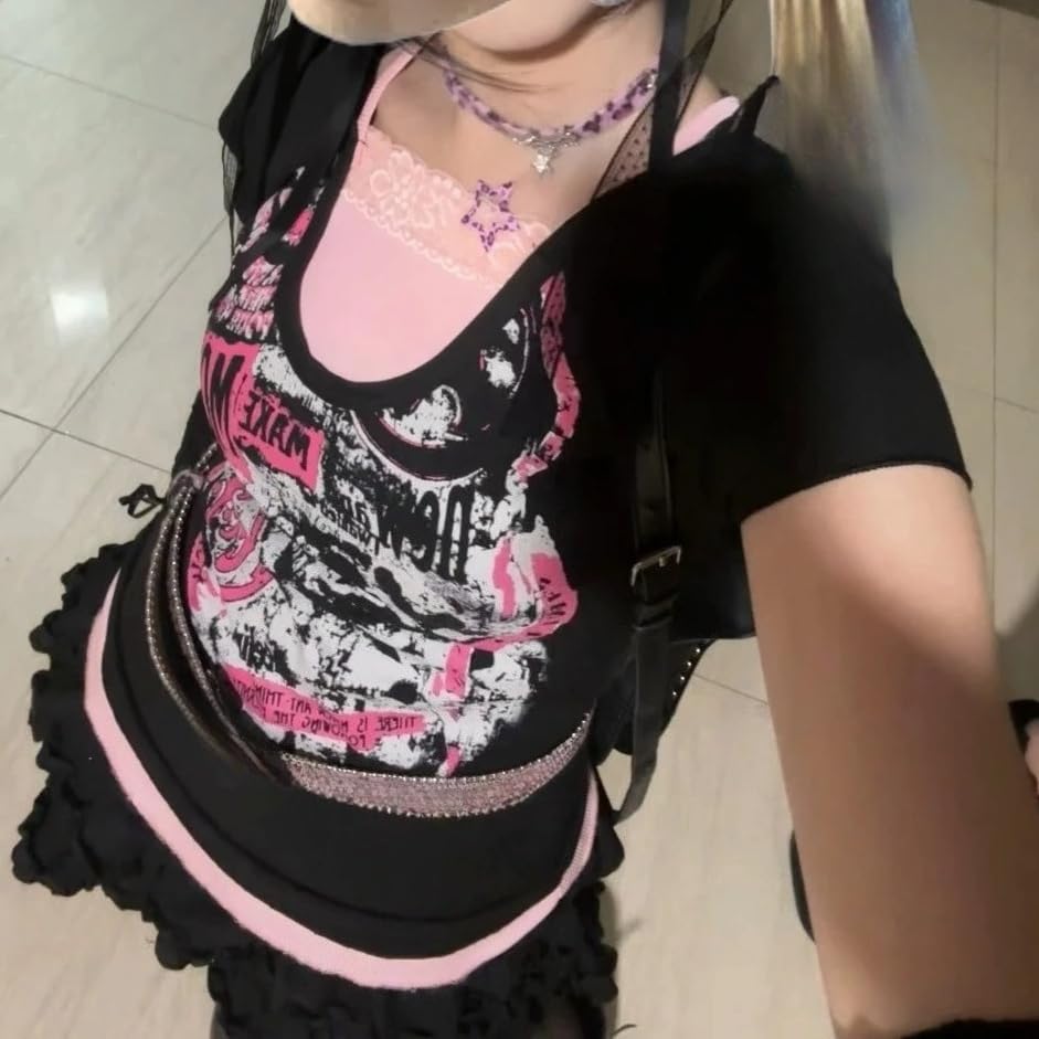 Image of Kawaii Cutecore Harajuku Y2k 2000s Tops Summer Preppy Aesthetic Alt Goth Emo Short Sleeve Graphic Tees