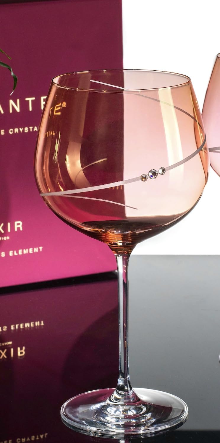 DIAMANTE Verre à gin rose avec motif silhouette rose – Verre coloré rose avec cristaux pour la Saint-Valentin, la fête des mères, Noël dans une boîte cadeau