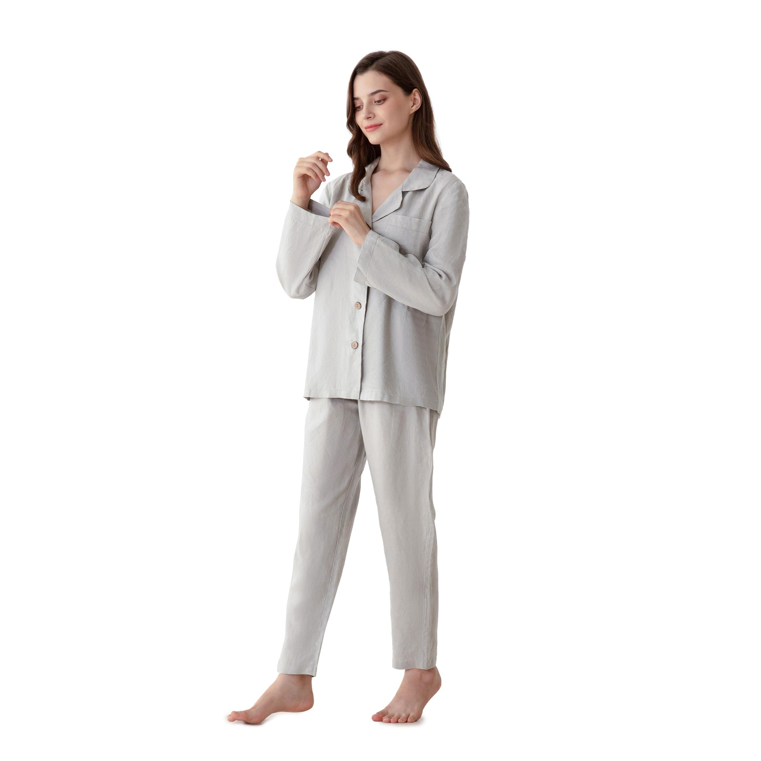 Simple&Opulence Conjunto de pijama de lino 100 % para mujer, camisa y pantalones suaves, ropa de descanso de 2 piezas, ajuste delgado, suave y transpirable, S-L