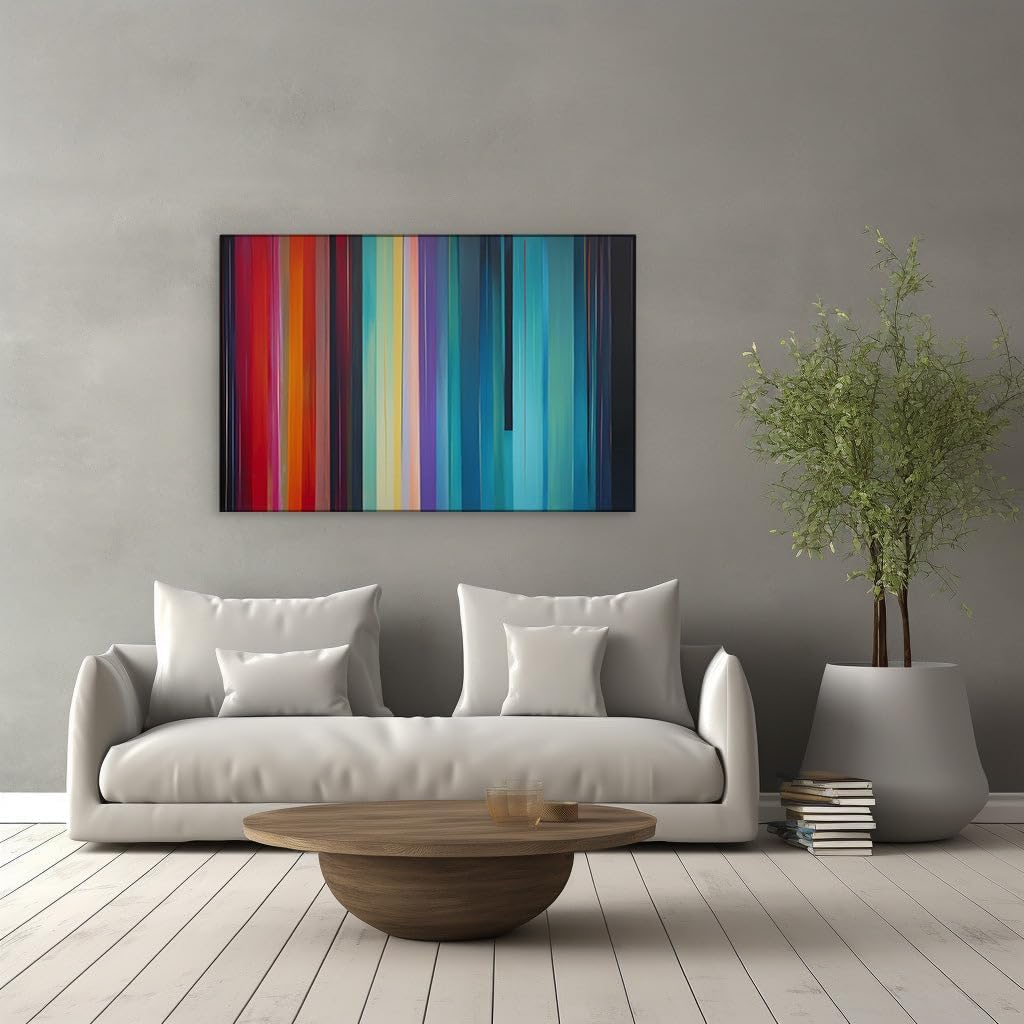Canvas for Living room. Abstract Elegance: A Tapestry of Vertical Stripes and Vivid Hues Against a Blue Expanse, 27 x 18 inch Canvas Wall Art - Contemporary Masterpieces - Modern Home Decor