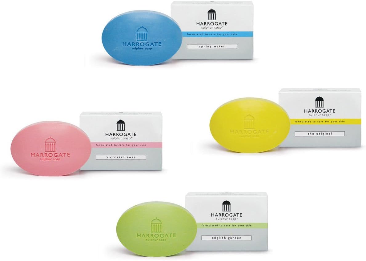 Harrogate Original Sulphur Soaps 4 x 100g [1 Of Each] Original, Spring Water, Victoria Rose & English Garden