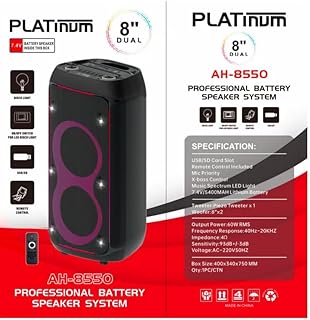 مكبر صوت بلوتوث محمول 20 سم بقدرة 60 واط ار ام اس مع صوت جهوري عميق، بطارية 5400 ميلي امبير في الساعة قابل لإعادة الشحن، إضاءة ليد للحفلات، مدخل USB/SD وجهاز تحكم عن بعد - AH-8550