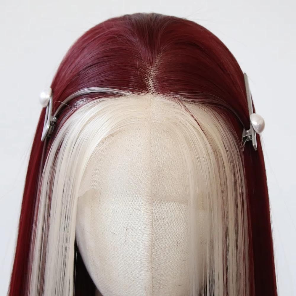 Haarpflege Platinblonde Highlights Dunkelrote Lange Gerade Spitzenfront Perücke Vorgezupfter Natürlicher Haaransatz