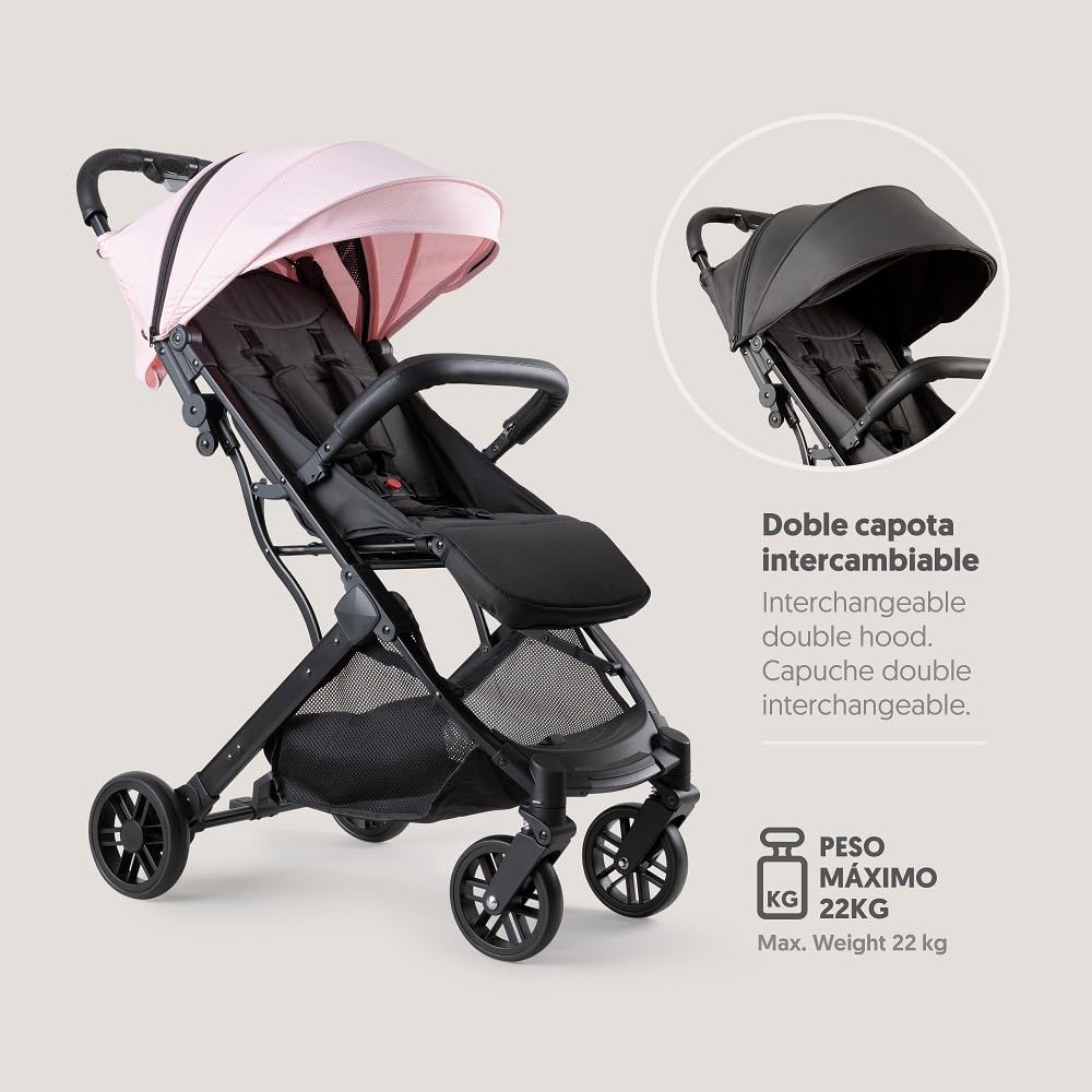 Interbaby Silla de Paseo Ligera y Compacta, Carrito Bebé Plegado Automático, hasta 22 kg, desde Nacimiento, Reclinable, Capota XXL, Suspensión, Cochecito Bebé Viaje Cabina (MIN SPACE PLUS Rosa)