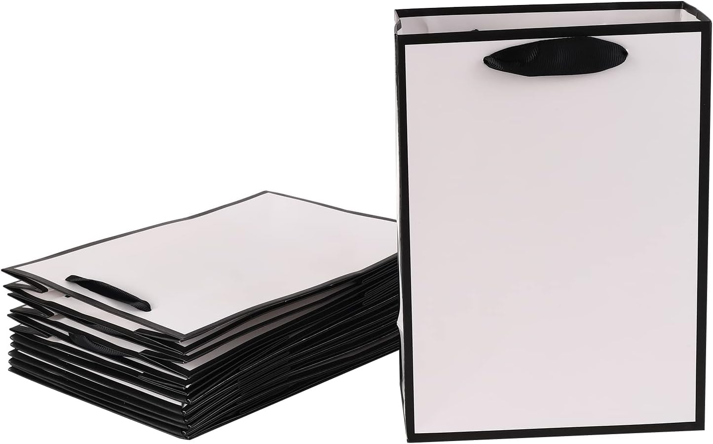REDDOTGIFT® 10-Pack White with Black Border Gift Bags Shopping Bag Party Favor Bags with Grossgrain Ribbon Handle for Birthday Mother’s Day, Baby Shower Bridal Shower Wedding Gift (H20*L15*6cm)