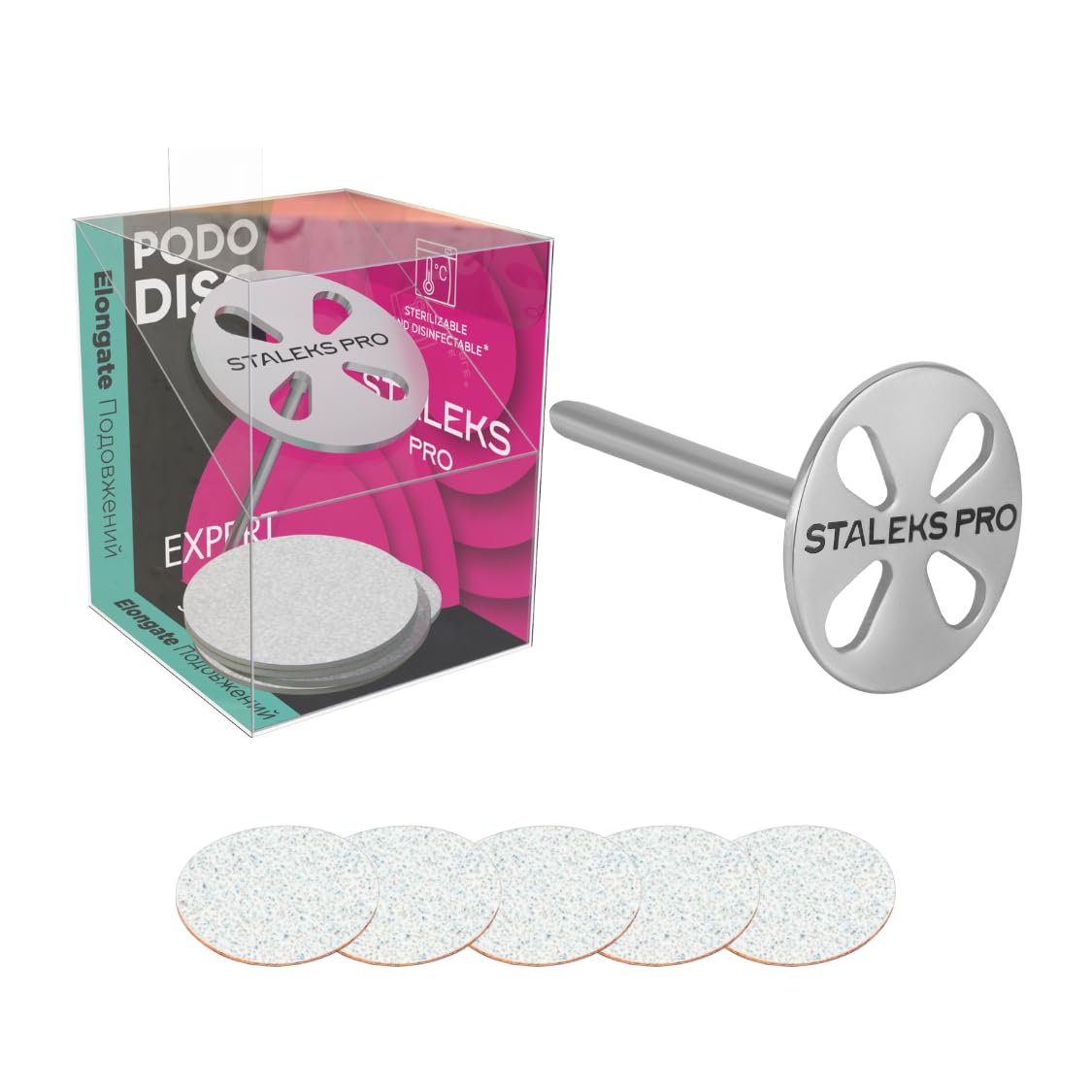 STALEKS PRO pododisk L base 2.5 cm with 5 refills 180 grit. Stainless steel. Long shaft, Silber