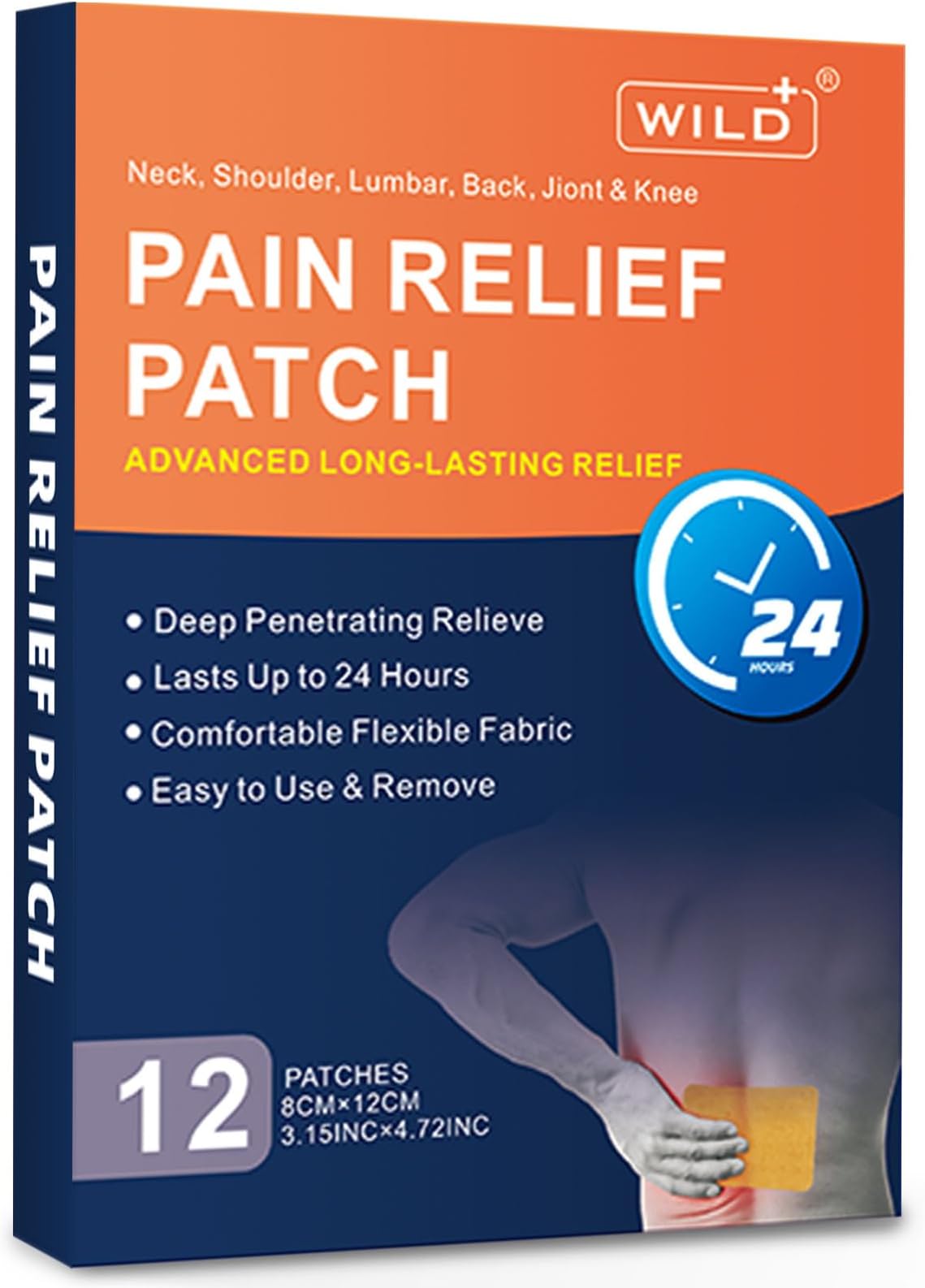 WILD+ Trimmable Deep Penetrating Heat Patch for Back Pain Relief - 12PCS Long-Lasting Adhesive Patches for Shoulder & Muscle Pain,Safe and Effective Natural Hot Therapy