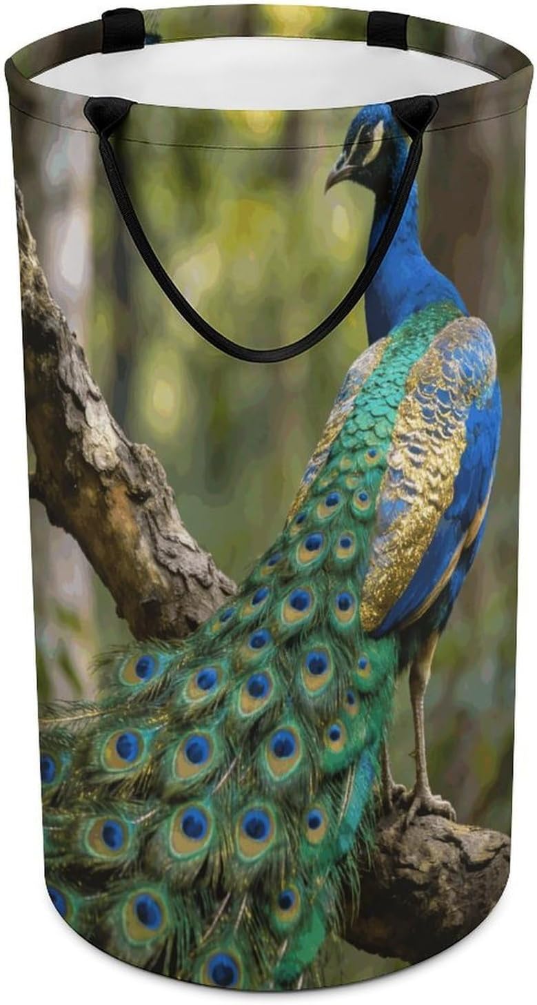 Colorful Peacock on A Tree Branch Laundry Hamper 86L Waterproof Collapsible Clothes Basket with Double Handles Freestanding Foldable Laundry Basket Large Clothes Hamper for Bathroom