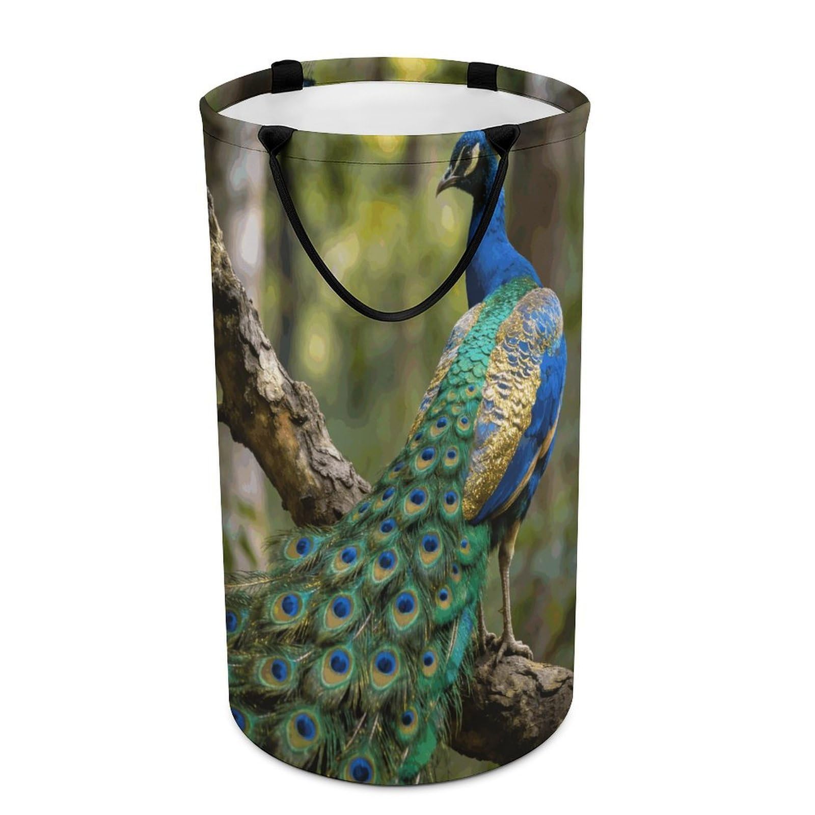 Colorful Peacock on A Tree Branch Laundry Hamper 86L Waterproof Collapsible Clothes Basket with Double Handles Freestanding Foldable Laundry Basket Large Clothes Hamper for Bathroom