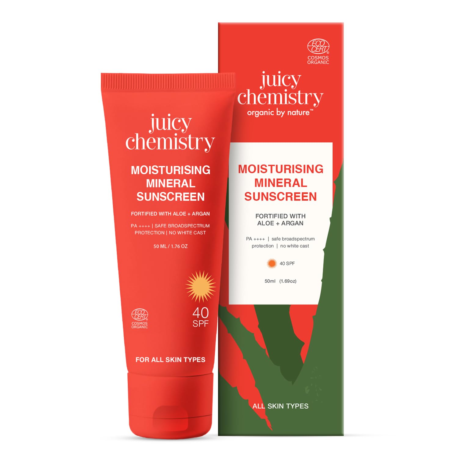 Juicy Chemistry Moisturising Mineral Sunscreen Fortified with Aloe Vera & Argan, 50 gm | Broad Spectrum SPF 40 PA+++ | Lightweight | Non-Greasy Daily Sunscreen | 100% Mineral & Organic