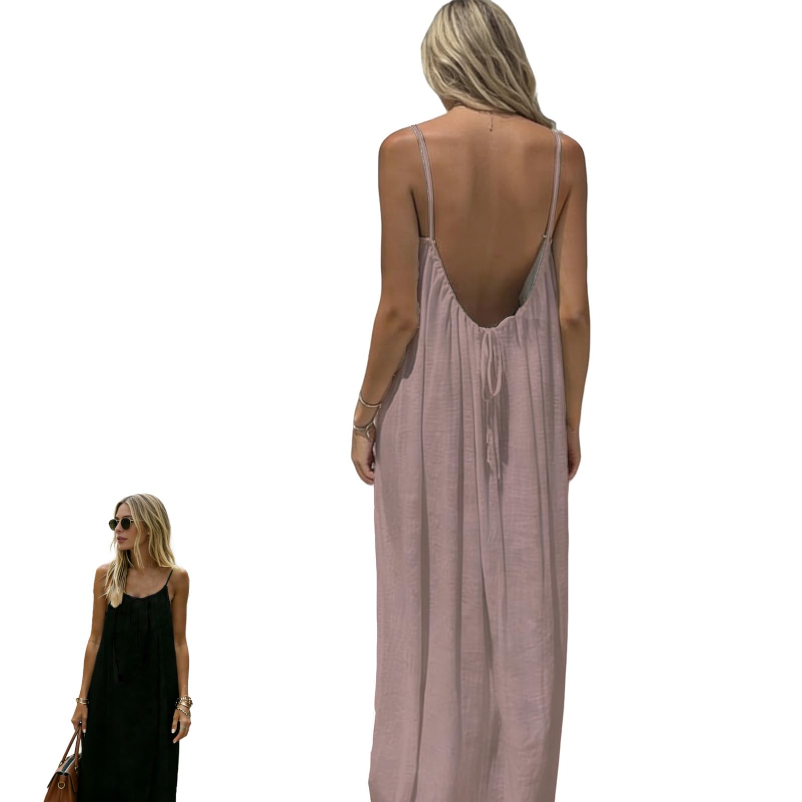 – Backless Cami Dress, Women's Casual Backless Spaghetti Strap Maxi Dress, Solid Color Cami Lounge Dress for Women
