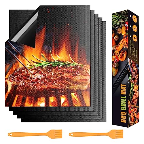 BBQ Grillmatte, VDISRR Grillmatte für Gasgrill 5pcs 40x33cm mit 2 Backpinsel, Antihaft Grillmatten Wiederverwendbar, Ideal zum Grillen von Fleisch, Fisch und Gemüse