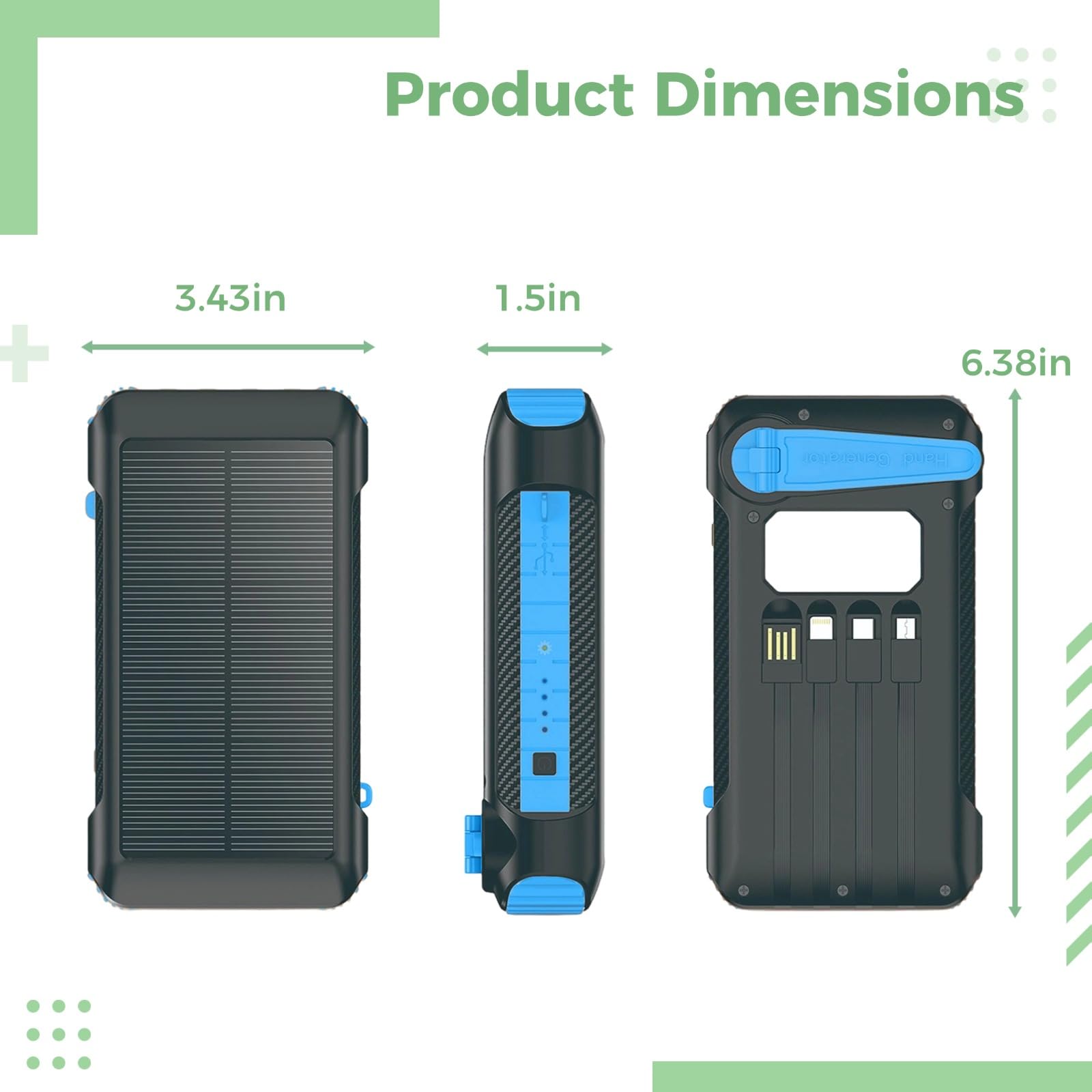 20000mAh Solar Powerbank mit Handkurbel Generator, Schnellladung Tragbares Ladegerät, 3 Ausgangskabel, LED-Taschenlampe und Campinglicht, UKCA-Zertifizierung, für Outdoor-Camping