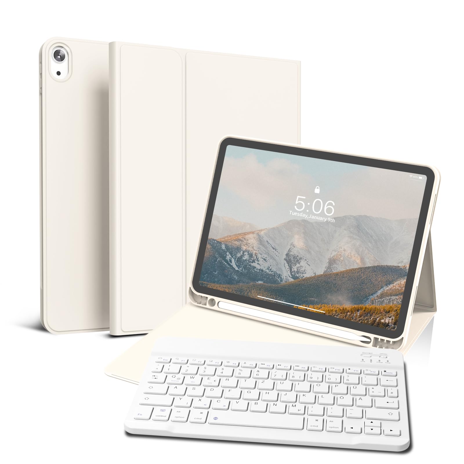 GKABXY Hülle mit Tastatur für iPad Air 11 Zoll M4 2026/M3 2025/M2 2024, iPad Air 5./4. Generation 2022/2020 10,9 Zoll, magnetisch Abnehmbare Folio Bluetooth Tastatur hülle mit Stifthalter, Cremeweiß