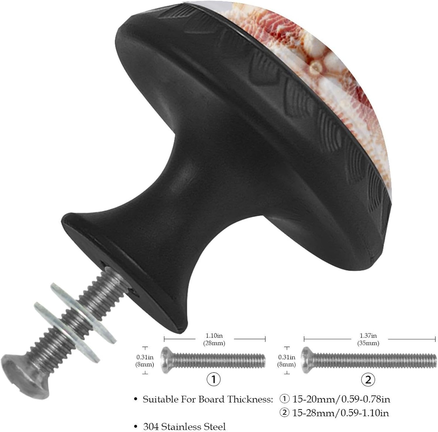 Black Starfish Coral Shell (2) Printed Drawer Pulls, Sturdy Cabinet Knobs for Bedroom Furniture and Closet