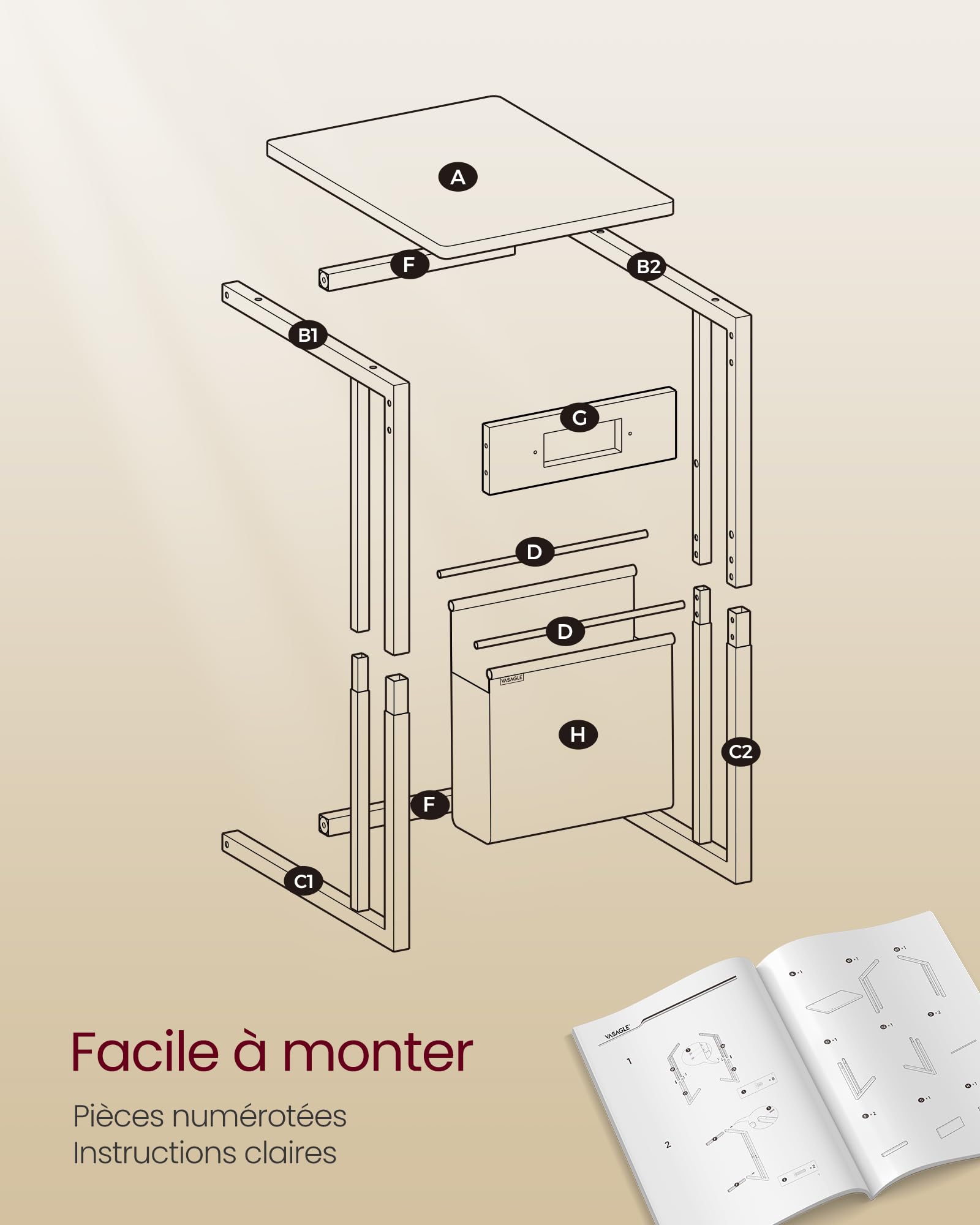 VASAGLE Table d’Appoint, Table de Chevet avec Multiprise, Bout de Canapé en Forme de C, pour Petits Espaces, 2 Ports USB et Prises, Sac, Pieds Réglables, pour Chambre, Salon, Noir Boisé LET356B02V1