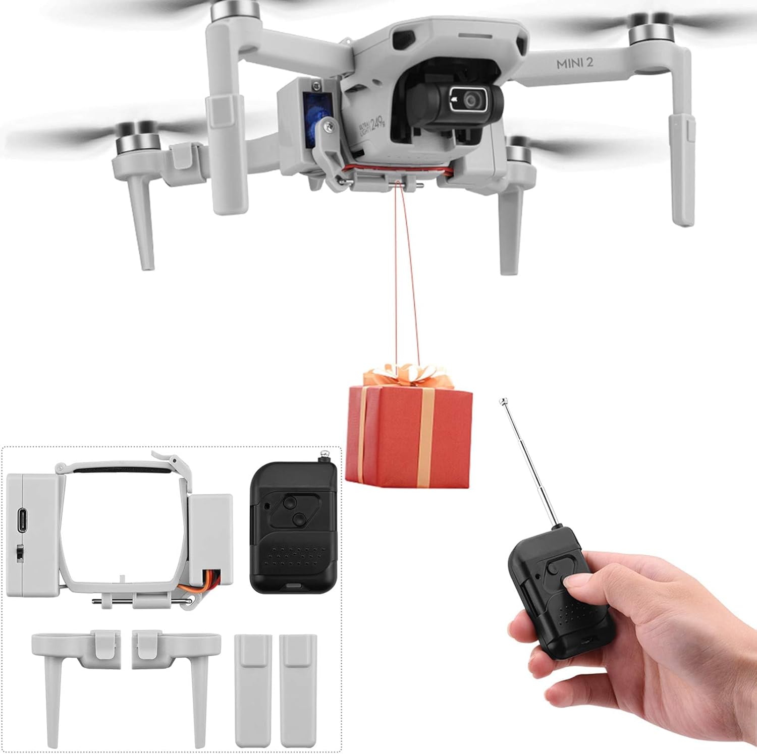 Mini 2 Airdrop System for DJI Mini 4K / Min 2 SE/Min 2 / Mavic Mni Payload Drop Device Drone Fishing Bait Release Wedding Ring Search Tools Dropper System with Landing Gear Accessories