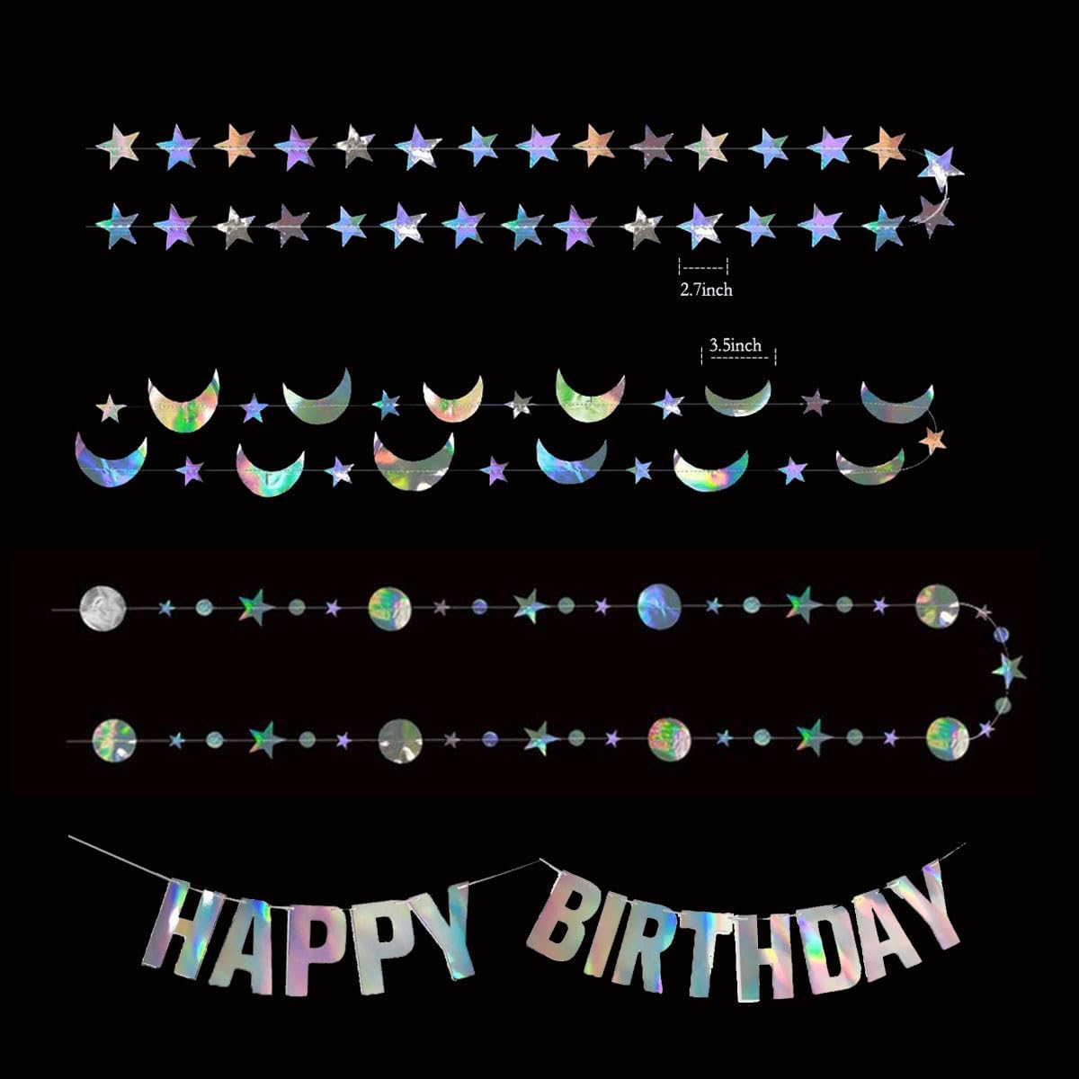 Star Moon Circle Dot Garland Party Decoration Kit, Holographic Party Decorations Hanging Stars Streamer Backdrop Crescent Garlands Happy Birthday Banner Backdrop for Birthday Wedding - Image 2