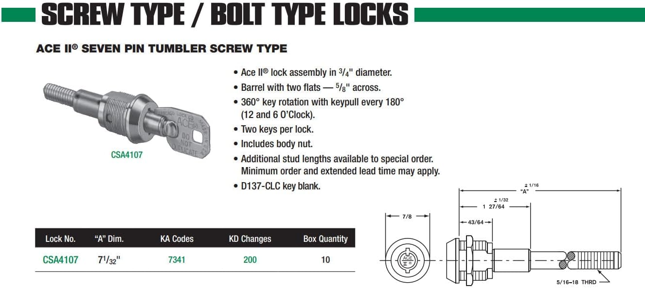 CompX Chicago ACE II Screw Lock, 3/4" Mounting Hole, 5/16-18 Thread, 360 Degree Key Rotation, Key Pull at 180 Degree, Bright Chrome