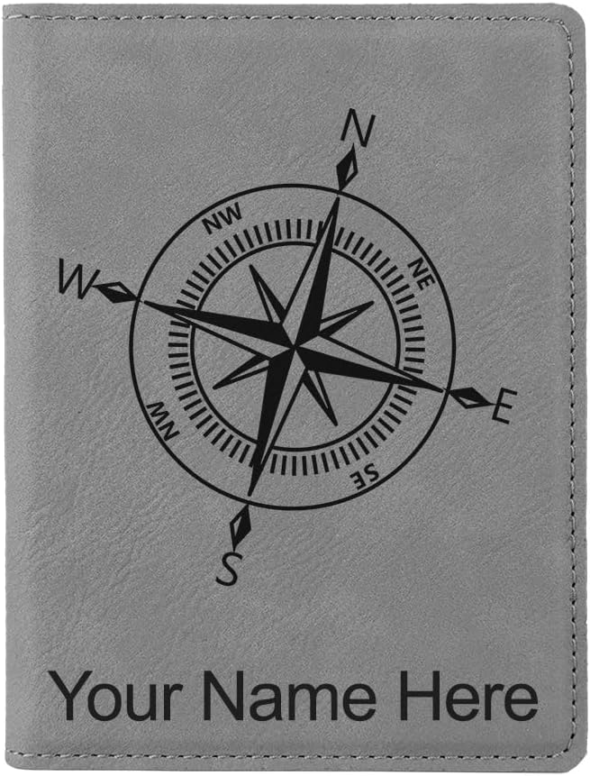 LaserGram Faux Leather Passport Holder, Compass Rose, Personalized Engraving Included (Bamboo)