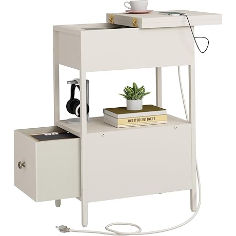 Narrow Bedside Table with Built-In Charging Station