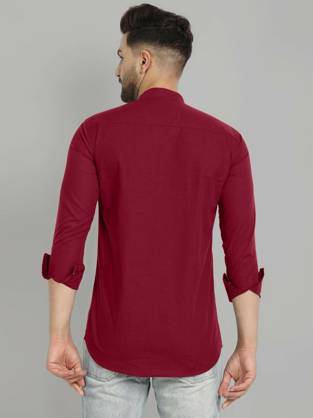 Royalscout Men's Cotton Blend Full Sleeve Short Kurta With Mandarin Collar Maroon