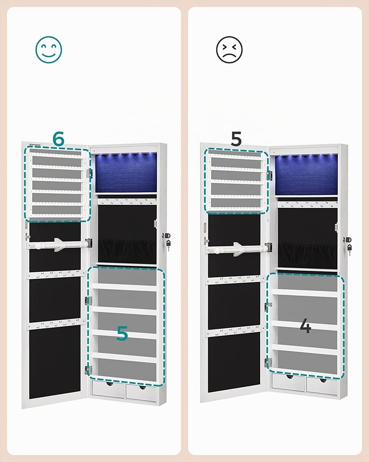 SONGMICS Espejo Joyero de Pared, Espejo Joyero Colgante sin Marco, Armario de Joyas con 6 LEDs para Colgar en la Pared o en la Puerta, Gran Capacidad con 2 Cajones, Blanco JJC99WT