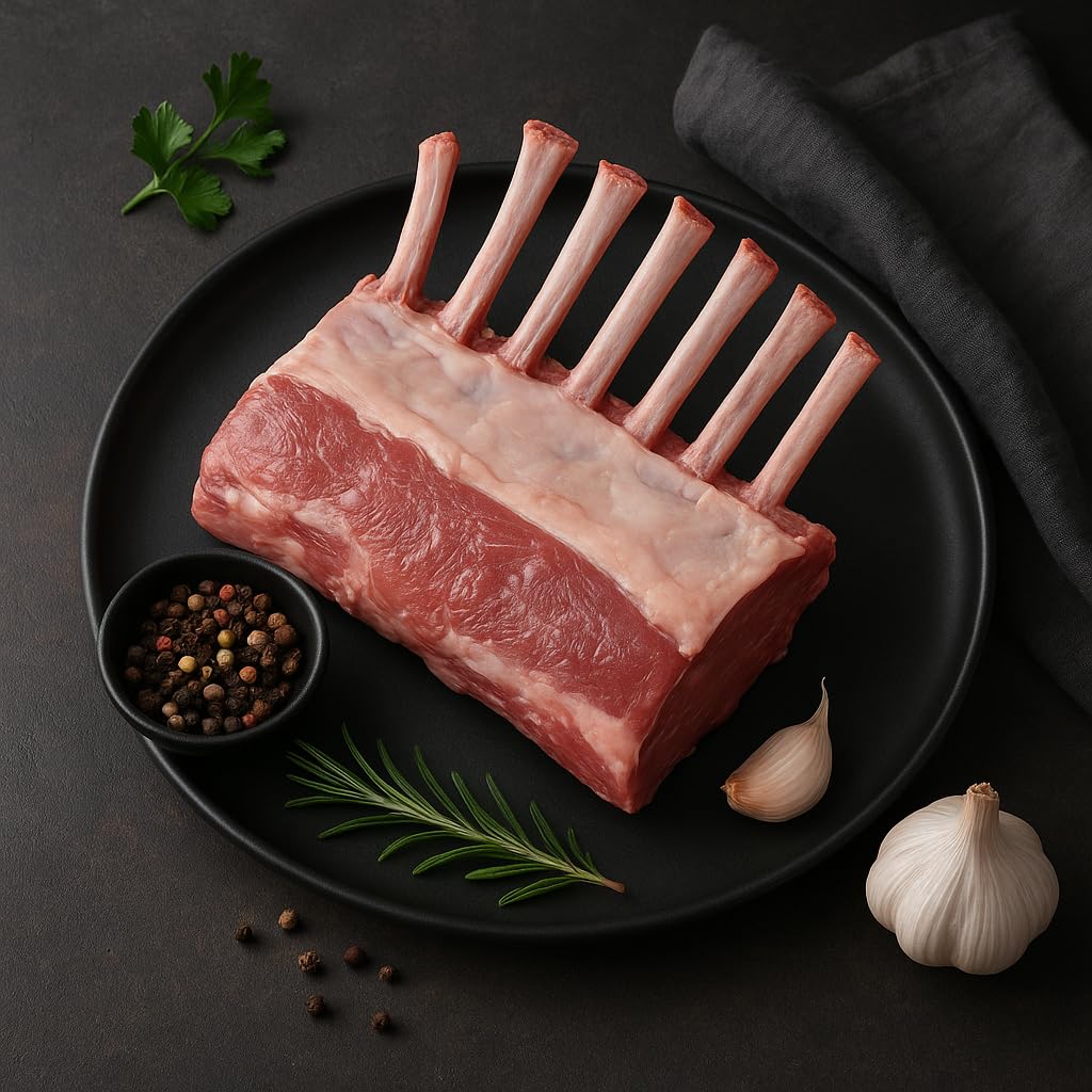 OCEANZEN: Frenched Lamb Rack Grass Fed,5 Packs, 8 Ribs Each, 24-26oz per Pack 120oz (7.5 lbs) Box,Ready to Roast Holiday Gourmet