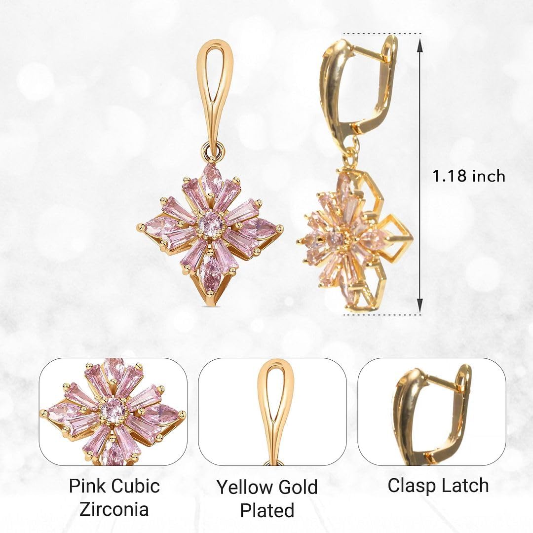 Pink Cubic Zirconia Earrings for Women in Gold Tone - Flower Floral Drop Dangle Earrings for Women Fashion Jewelry Christmas Gifts for Women - Image 4