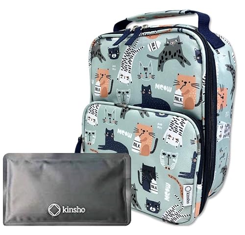 Kinsho Cat Lunch Box With Ice Pack For Girls Women Cute Insulated Bag For Tween, High School Girl, Container Boxes For Big Kid Snacks Lunches, Bpa Free, Fits Bento, Green Grey Modern Cats #TOP22