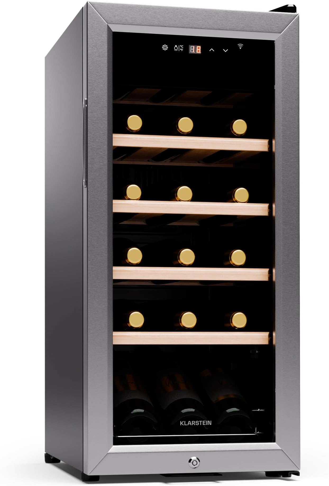 Klarstein Shiraz Free-Standing Wine Cooler Drinks Fridge, Single Zone Wine Fridges, Wine Prosecco & Beer Bottles, Touch Pad, Indoor/Outdoor Bar Fridge & Wine Cooler for Garden, 5-18°C, 18 Bottles